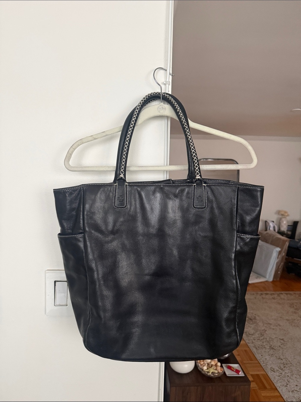 Lauren Ralph Lauren Everyday Black Leather Tote with White Stitched Handles